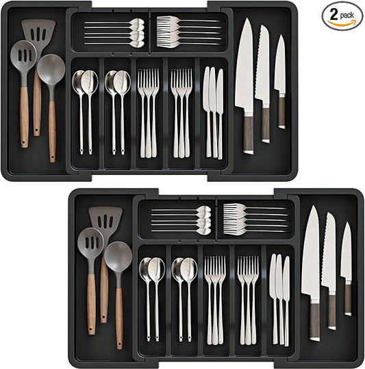 2 Pack Silverware Organizer, Expandable and Adjustable Kitchen Utensil Drawer Organizer, Plastic Cutlery Holder with Multiple Compartments,Cutlery Holder,for Spoons Forks Knives,Black,UAFD012B