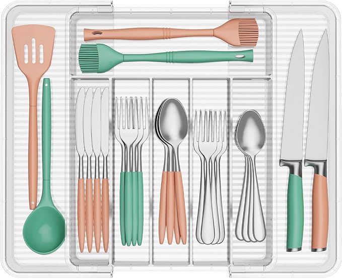 Lifewit Silverware Organizer for Kitchen Drawer, Clear Expandable Utensil Tray for Spoons Forks Knives, Adjustable Flatware Cutlery Holder Storage, Large