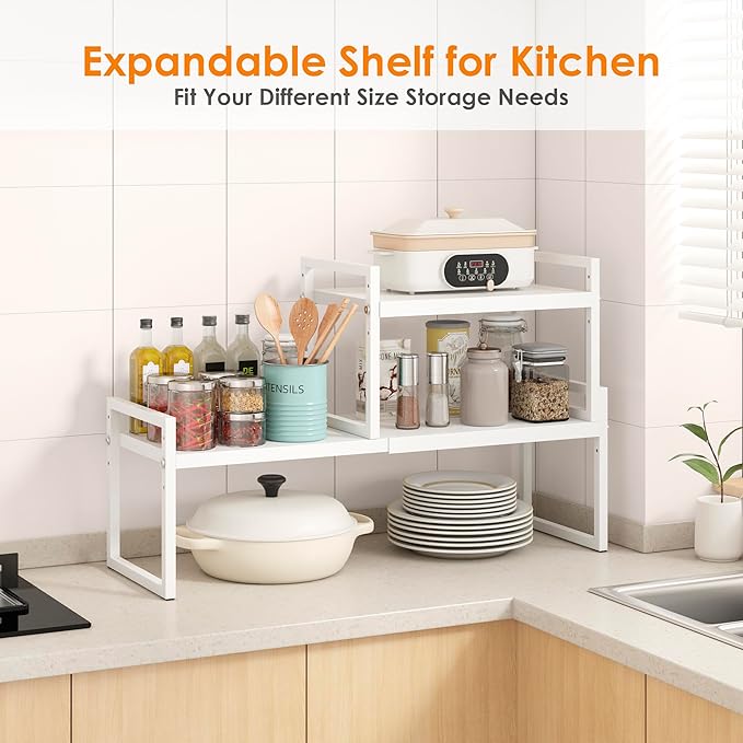 DOLALIKE Expandable kitchen Countertop Organizer, Stackable Cabinet Shelf Organizers, Space Saving Spice Rack Pantry Storage for Bathroom Office Organization (White, 2-Tier)