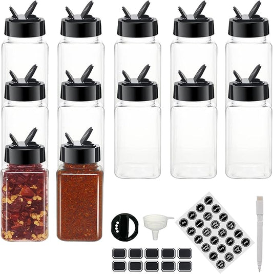12 Pack 4oz Clear Plastic Spice Jars With Black Plastic Lids, Square Spice Bottles, Seasoning Containers with Chalk Labels, Pen, Funnel, Spice Containers For Kitchen Cabinet