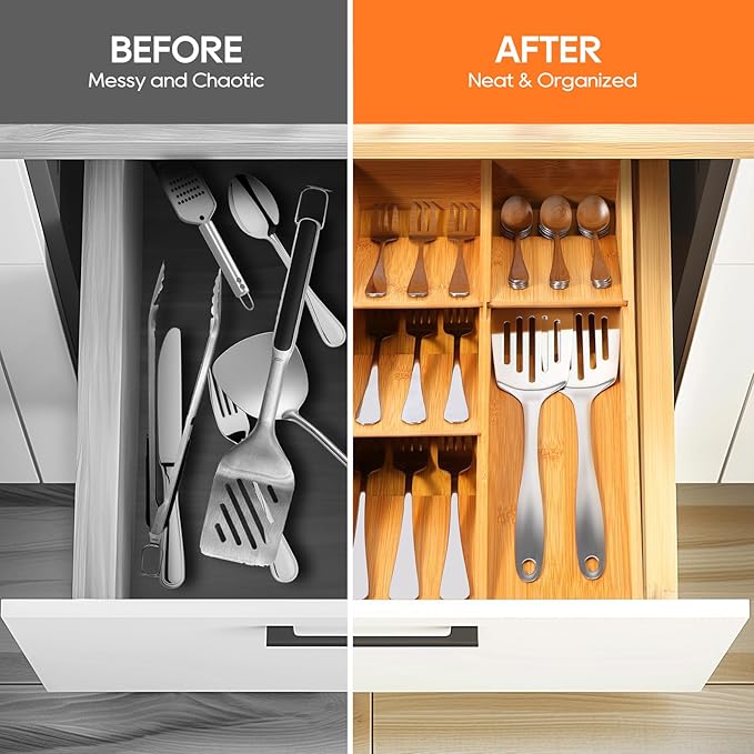 Bamboo Silverware Drawer Organizer, Removable Dividers Kitchen Utensil Drawer Organizer for Different Dimension Flatware, Spoons, Forks, Knives (Natural, 5 Slots)