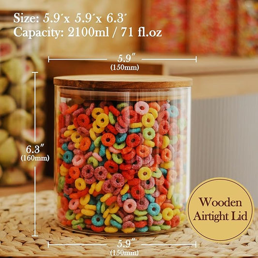 Labina Glass Storage Container Airtight Food Jars Kitchen Canister with Wood Lids, 71 Oz Wide Mouth Pantry Organization Glass Jar for Flour, Sugar, Cookie, Spagetti, Nuts and Candy (2 Pack)