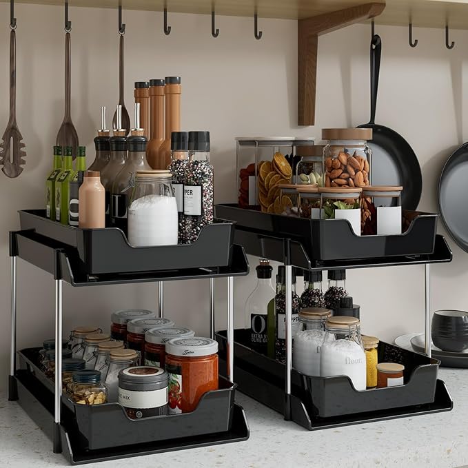 2 Pack Bathroom Under Sink Organizers and Storage, 2-Tier Pull Out Cabinet Organizer and Medicine Storage Shelf,Fit Cabinets, Kitchens,Food Pantry. (Black,10.63" L x 8.0" W x 8.46" H).