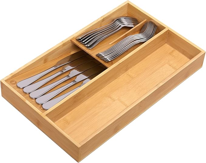 Bamboo silverware tray organizer, Utensil Holder and Cutlery Tray for Drawer, Kitchen Drawer Organizer Divider for Spoons Forks Knives
