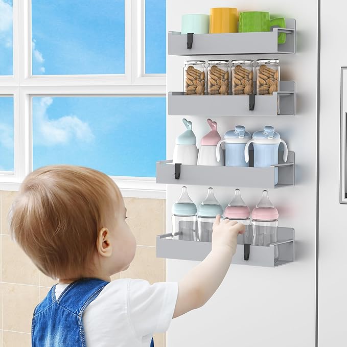 4 Pack Magnetic Spice Rack Organizer for Refrigerator and Oven, Silver Fridge Organizers and Storage for Kitchen