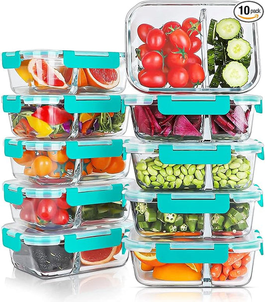 10 Packs 30oz Glass Meal Prep Containers 2 Compartments,Glass Food Storage Containers with Lids,Airtight Glass Lunch Bento Boxes,Oven,Freezer and Dishwasher Safe, Green