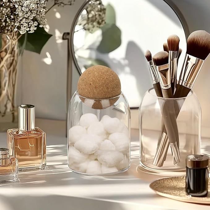 ComSaf Glass Storage Container with Ball Cork, 16 oz Small Glass Jar with Cork Lid, 1 Pack Candy Jar, Cute Decorative jar for Tip, Change, Salt, Sugar, Cookies, Bathroom Cotton Swab Qtip Holder