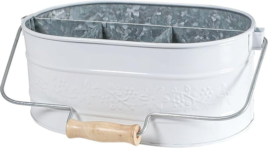 Utensil Caddy For Parties, Utensil Caddy For Kitchen Countertop, Galvalined Metal Caddy, Plate And Utensil Caddy, Picnic Utensil Caddy - Flower Design - Chalk White