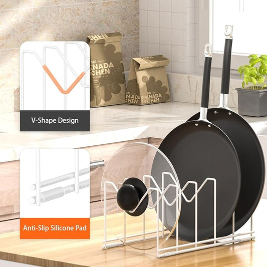 3 Pack Pot Lid Organizer for Cabinet, Stainless Steel Pot Lid Rack with Anti-slip Pad, Lid Holder for Pans Pots, Bakeware, Plates, Cookie Sheets, Trays, Dish, Cutting Boards, White