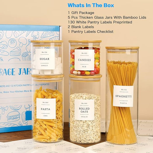 5 Pcs Glass Food Storage Containers With 132 Pantry Labels Preprinted - Thicken(3mm) Jars Airtight Bamboo Lid Stackable Kitchen Canisters Set For Candy, Cookie, Rice, Sugar, Flour
