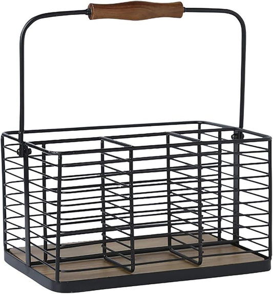 VANRA Utensil Holder Kitchen Condiment Organizer Utensil Caddy Storage Basket Organizer Metal Flatware Caddy with Wood Handle, Black