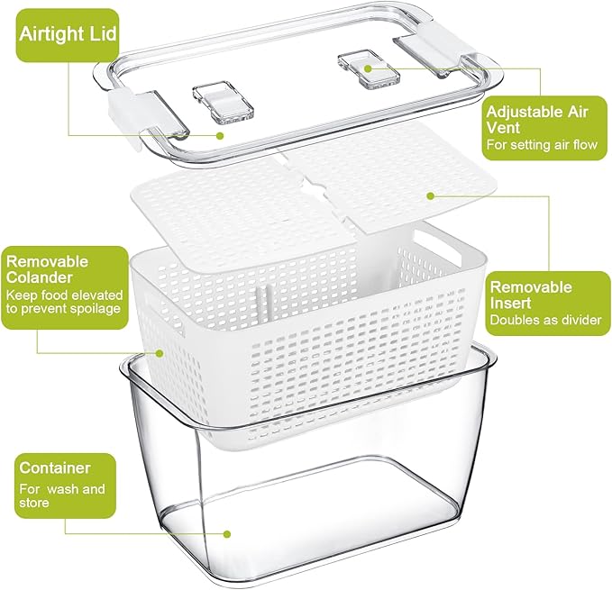 Zopeal 6 Pack Fruit Storage Containers for Fridge Produce Saver Containers for Refrigerator Fruit for Fridge Keep Fresh with Lids Colander and Dividers for Salad Berry Vegetable(White, Gray)
