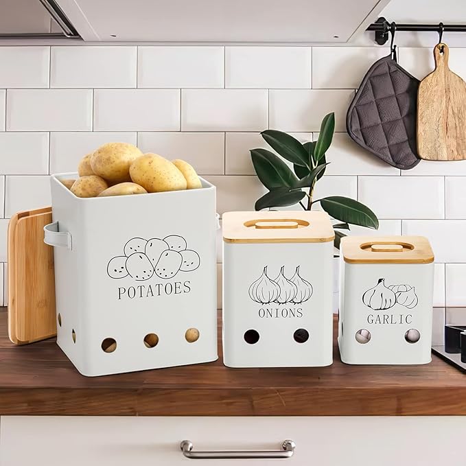 WUWEOT 3 Pack Vegetable Storage Tins, Metal Onion Garlic Potato Jars Set, Kitchen Canisters Vegetable Keeper Containers with Aerating Holes and Wooden Lid