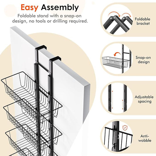 LUXEAR Over the Door Pantry Organizer, 6-Tier Adjustable Over the Door Hanging Spice Rack, No-Assembly Foldable Metal Over the Door Organizer for Kitchen, Home, Laundry Room, Bathroom