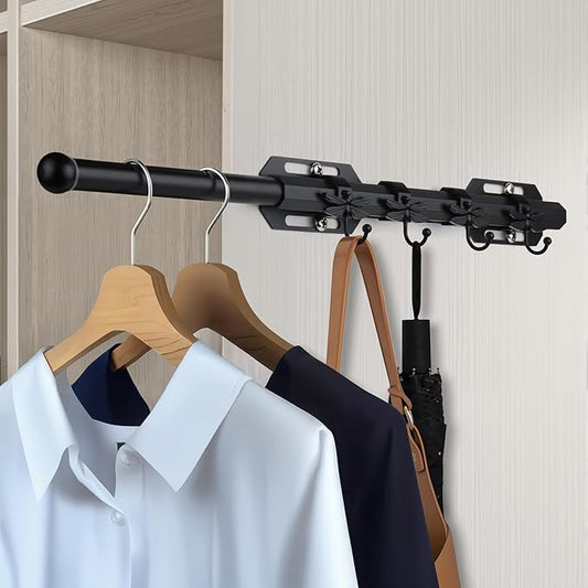 12" Valet Rod for Closet Pull Out with 4 Dragonfly-shaped Hooks, Black