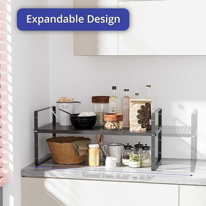 Expandable Kitchen Shelf Organizers, Kitchen Cabinet Organizer Stand Rack Organization for Countertop Cupborad Pantry, Black 3 Pack