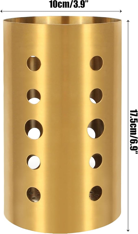 Gold Stainless Steel Utensil Holder 3.93x6.9 inch – Flatware Cylinder Draining Organizer & Drying Rack Caddy Basket for Kitchen Counter with Round Drain Holes, Stand for Fork, Knive, Spoon, Chopstick