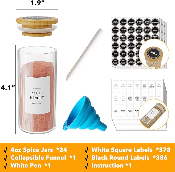 SpaceAid 24 Pcs Spice Jars with Bamboo Lids and Labels, Empty 4oz Glass Bottles, Minimalist Farmhouse Stickers with Funnel, Seasoning Containers for Spice Rack, Cabinet and Drawer