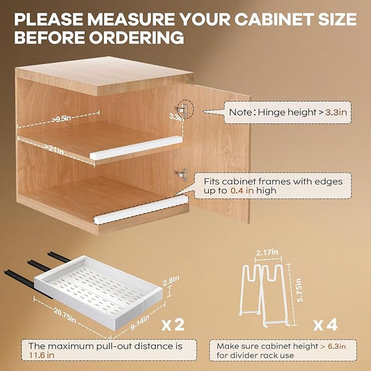 2 Pack Pull out Cabinet Organizer 21" Deep With Raising Pad for Framed Cabinets, Expandable Slide out Drawers for Kitchen Cabinets with 4pcs Divider Racks, Roll out Shelves 9"-14" W White