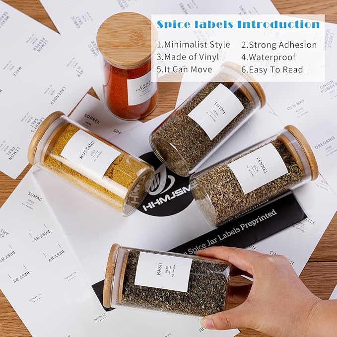 12 Pcs Glass Spice Jars With Bamboo Airtight Lids 8oz Thicken(2.4mm) Spice Containers With 148 Minimalist Preprinted Waterproof Spice Labels Kitchen Empty Small Storage Jars For Seasoning, Herb