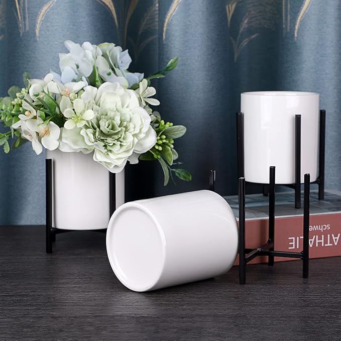 JUXYES Pack of 3 Ceramic Silverware Holder For Party Table, White Cutlery Holder Holder With Black Metal Bracket, Small Flatware Caddy Organizer Utensil Holder Organizer for Kitchen Dining Tables