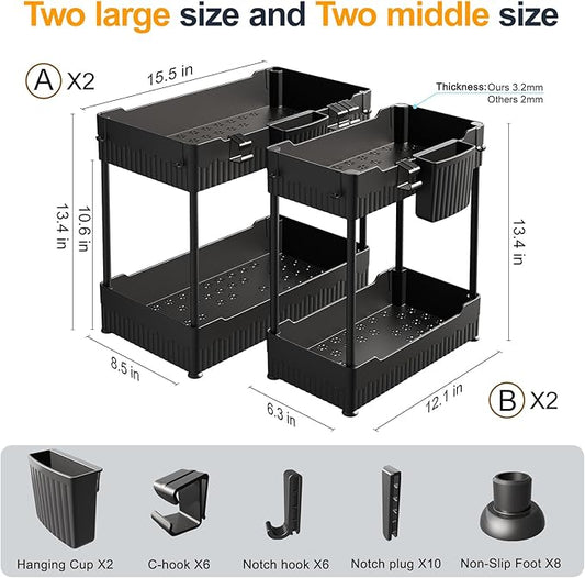 4 Pack Under Sink Organizers and Storage,Under Bathroom Cabinet Organizer with Hooks Hanging Cup,Multi-Purpose Storage Shelf for Kitchen Bathroom,Black (4 Pack Black)
