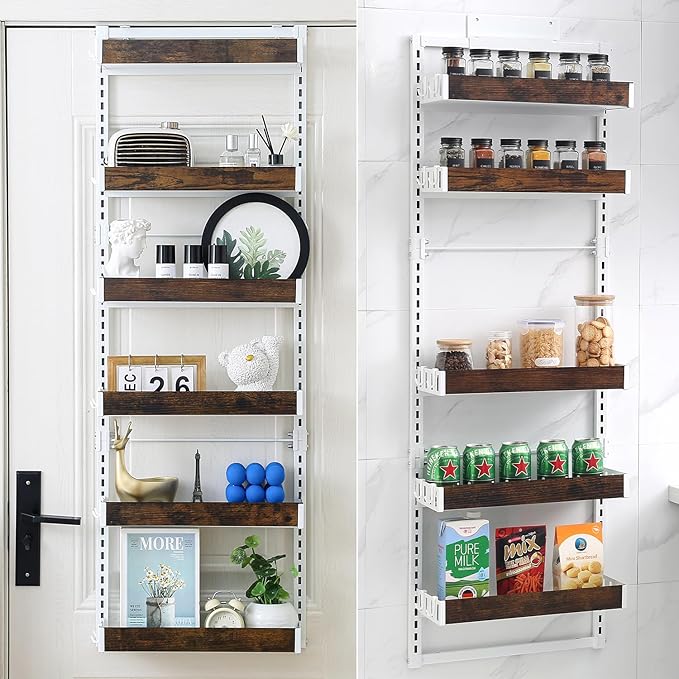 Over The Door Organizer - 6-Tier Pantry Organizer & Storage Shelf, Wooden Spice Rack with 12 Hooks, Multipurpose Behind Door Storage Solution for Kitchen, Bathroom, or Closet Wall Mount Use