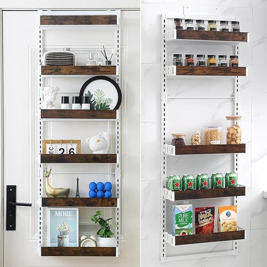 Over The Door Organizer - 6-Tier Pantry Organizer & Storage Shelf, Wooden Spice Rack with 12 Hooks, Multipurpose Behind Door Storage Solution for Kitchen, Bathroom, or Closet Wall Mount Use