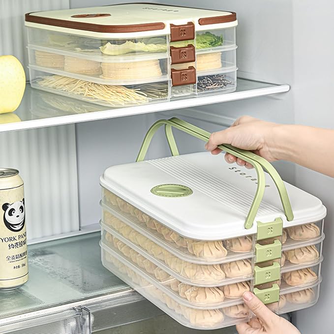 Dumplings Storage with 4 Layers, Stackable with Buckle, Lid & Handle for Cookies Wonton Donuts Box Organizer For Fridge, White-Green