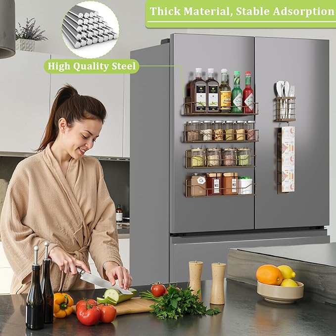 Magnetic Spice Rack for Refrigerator, 6 Pack Strong Magnet Spice Organizer with Paper Towel Holder, Utensil Holder, Moveable Magnetic Fridge Shelf for Kitchen Organization and Storage (Brown)