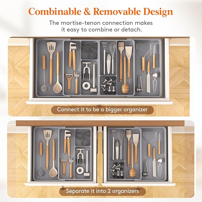 Lifewit Large Utensil Organizer for Kitchen Drawer, Expandable From 21 to 36 Inches, Adjustable Cooking Silverware Tray, Plastic Cutlery Flatware Holder, Spatula Tools Gadgets Storage Divider, Gray