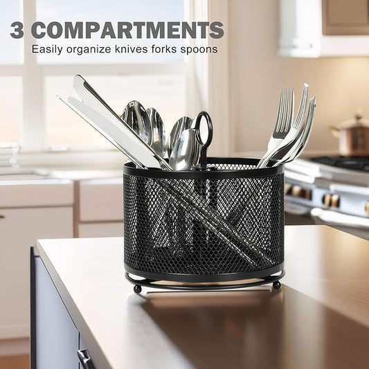 Metal Utensil Holder Silverware Cutlery Caddy for Kitchen Countertop Rotating 3 Compartment Flatware Organizer Spoon Fork Storage for Outdoor Party Picnic Buffet Camping Black