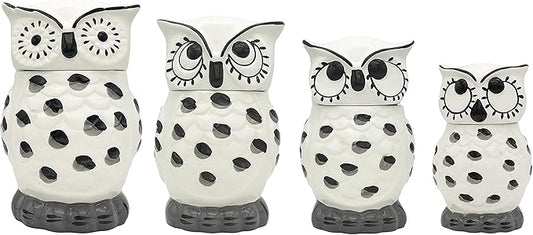 Tuscany Cute Black and White Owl 4PCs Canister Set with Lid, Kitchen Storage Jar, Food Storage Container, Airtight Storage Container With Rubber Seal
