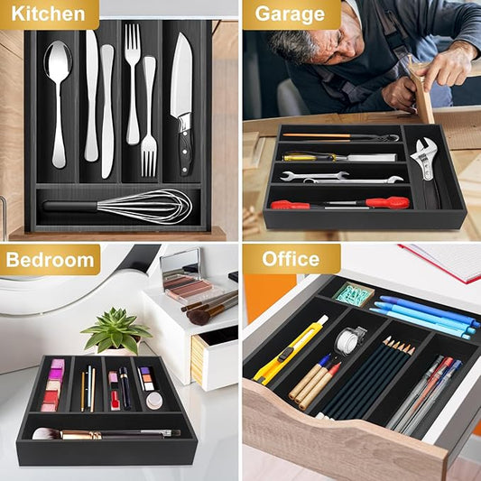 Wooden Silverware Drawer Organizers Black Utensil Trays for Kitchen Drawers Wood Cutlery Tray Flatware Organizer Utensil Holder Drawer Divider Fork Spoon Organizer Storage Bamboo Silverware Tray