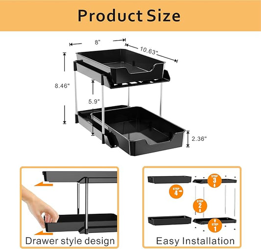 2 Pack Bathroom Under Sink Organizers and Storage, 2-Tier Pull Out Cabinet Organizer and Medicine Storage Shelf,Fit Cabinets, Kitchens,Food Pantry. (Black,10.63" L x 8.0" W x 8.46" H).