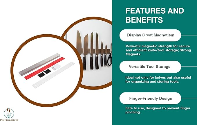 Silver Magnetic Knife Holder 16 Inch Strong Adhesive, Magnetic Strip for Fridge or Wall, No Drill Stainless Steel Knife Rack Organizer