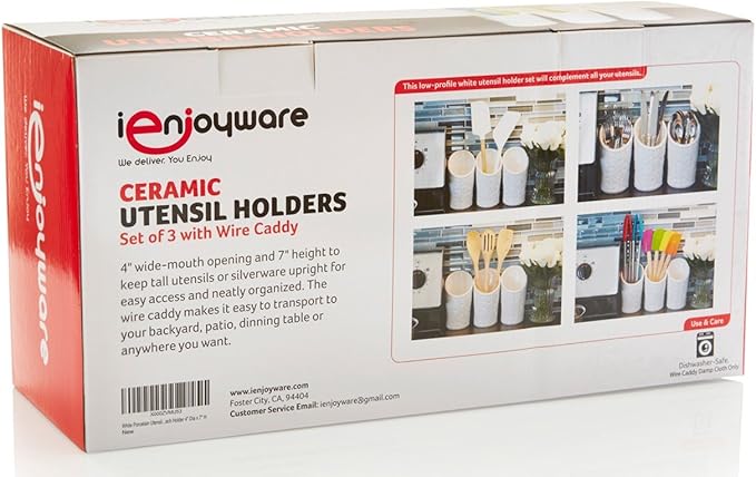 Kitchen Tool Crock (4 Pieces) - 3 Ceramic Utensil Holders (4" Dia x 7" H each) & 1 Metal Caddy - White & Embossed Design
