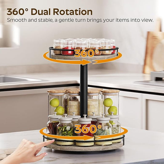 Lazy Susan, 2-Tier Rotating Spice Rack, Lazy Susan Organizer for Table Top, Turntable Spice Holder for Kitchen Countertop, Cabinet, Compact and Versatile, Greige and Black SR12BG