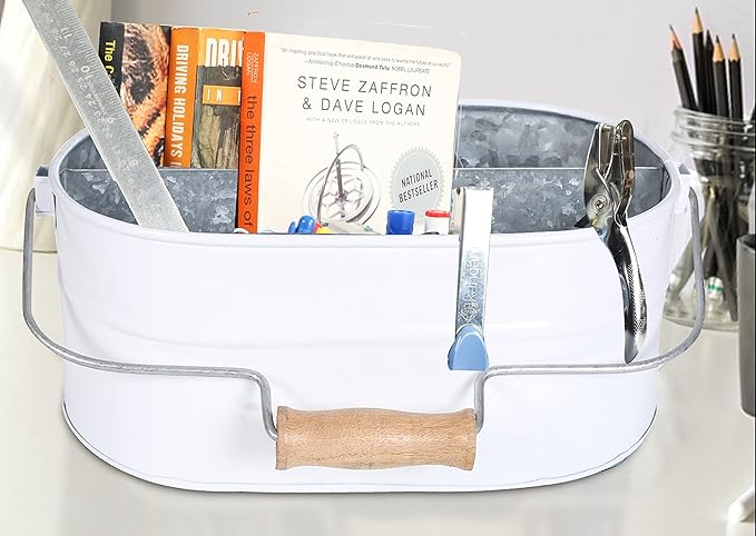 Light & Pro Farmhouse Rustic Silverware Utensil Carry All Caddy - Galvanized Organizer Caddy With Dividers, Wooden Handle Storage Bin For Flatware, Condiments, Party Cutlery - White