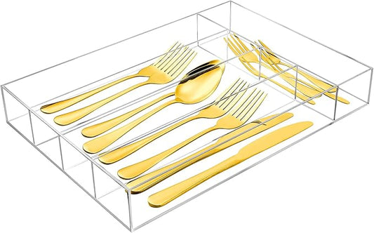 Baderke Kitchen Drawer Organizer for Flatware and Utensils, Clear Acrylic Silverware Drawer Organizer for Drawer, Office, Bathroom