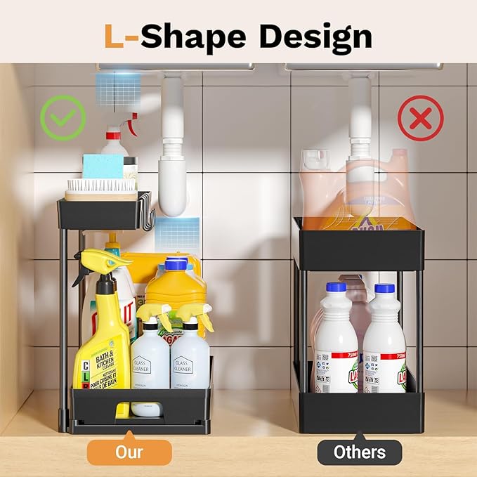 2 Pack Under Sink Organizers and Storage, 2 Tier L-Shape Pull Out Under Cabinet Organizer, Black Under Bathroom Kitchen Sink Organizer with Drawer for Under Counter Storage Organizer