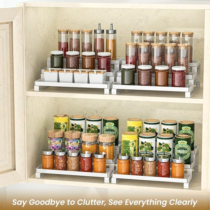 3-Tiered Shelf Organizer, Sturdy Countertop Spice Rack for Cabinet, Metal Rustproof Spice Storage Holder, Step Spice Shelf Kitchen Cupboard Pantry Seasoning Rack,White