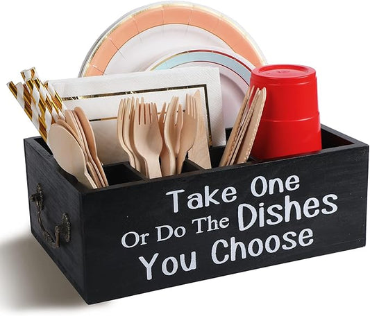 Small Paper Plate Holder Utensil Caddy Organizer for Countertop, Kitchen Silverware Cups, Forks, Spoons, Plates, Napkins, Wood Dispenser Party Picnic