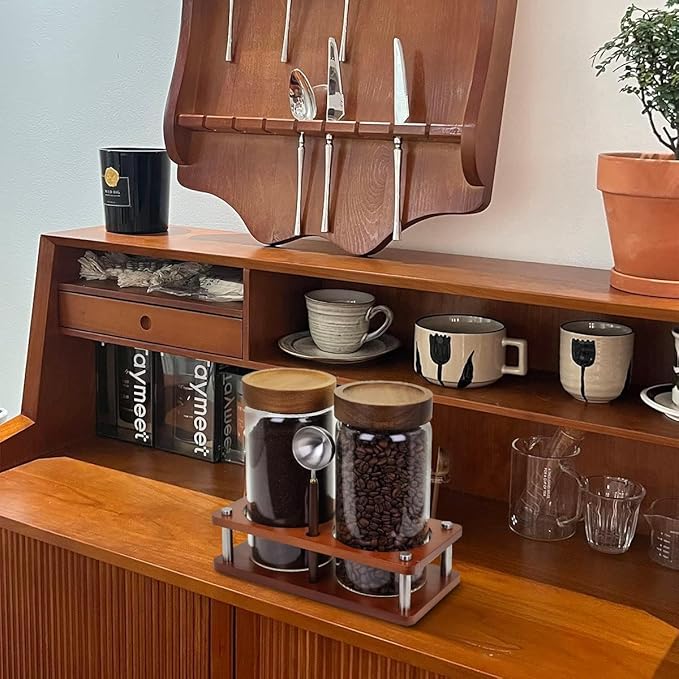 Glass Coffee Grounds Container with Shelf, 2 × 45 oz Glass Coffee Canisters with Airtight Thread Lid, Glass Storage Jars with Stainless Steel Spoon for Coffee Bean, Sugar,Nut