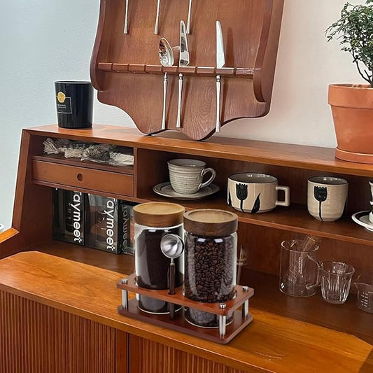 Glass Coffee Grounds Container with Shelf, 2 × 45 oz Glass Coffee Canisters with Airtight Thread Lid, Glass Storage Jars with Stainless Steel Spoon for Coffee Bean, Sugar,Nut