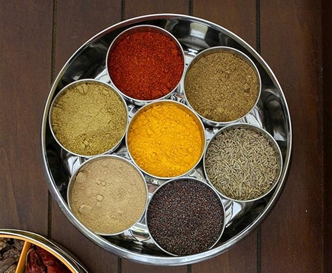 Mother's Day Gifts Stainless Steel Spice Container 7 Containers and Small Spoon Orange See Through Masala Box Indian Masala Dabba with size 8 X 8 inches