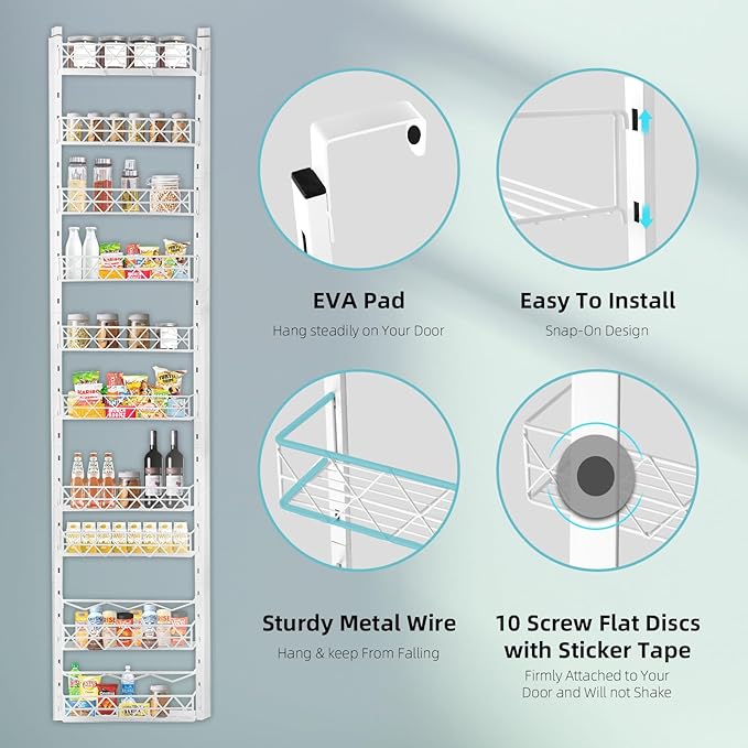 Over The Door Pantry Organizer，10-Tier Over The Door Organizer with Adjustable Basket，Metal Hanging Pantry Organizers and Storage for Kitchen, Back of Door Seasoning Rack (White)