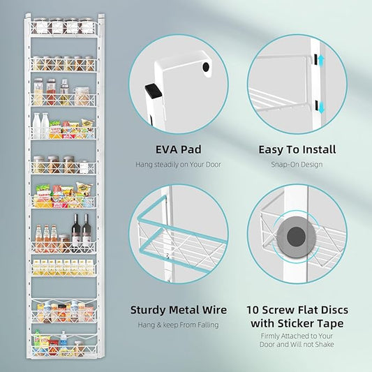 Over The Door Pantry Organizer，10-Tier Over The Door Organizer with Adjustable Basket，Metal Hanging Pantry Organizers and Storage for Kitchen, Back of Door Seasoning Rack (White)