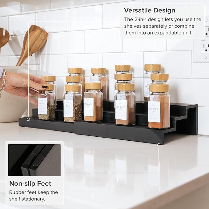 Expandable Spice Rack Organizer for Cabinet, 3-Tier Shelf for Spice Organization (11” to 22”), Fits 36 Spice Jars, Seasoning and Pantry Storage, Non-Slip Feet, 100% Bamboo, Black Finish