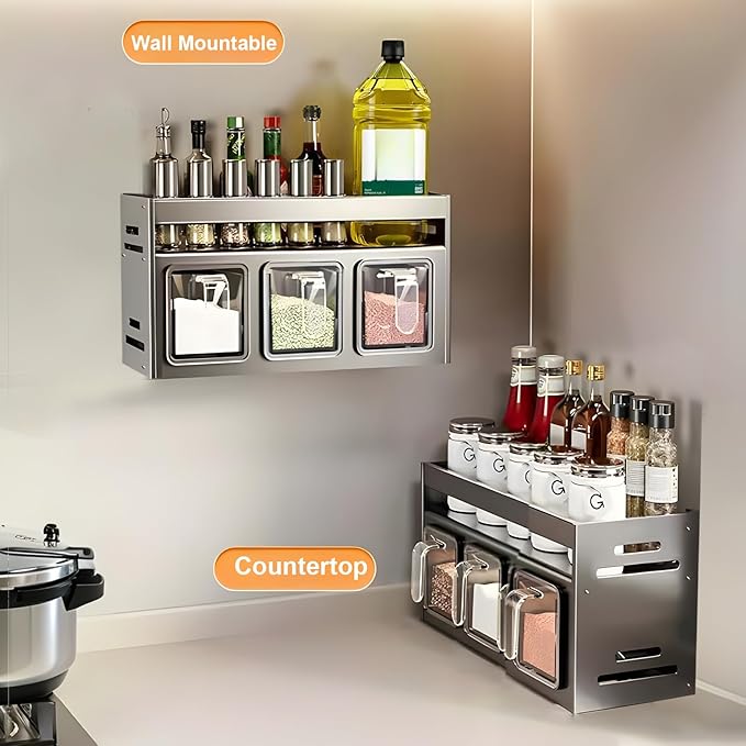 Kitchen Spice Rack, Kitchen Organizer and Storage Rack, Spice Organization for Cabinets Punch-free Wall/Countertop Home Decor Multifunctional Double Layer 3 Grid Condiment Rack, Gray